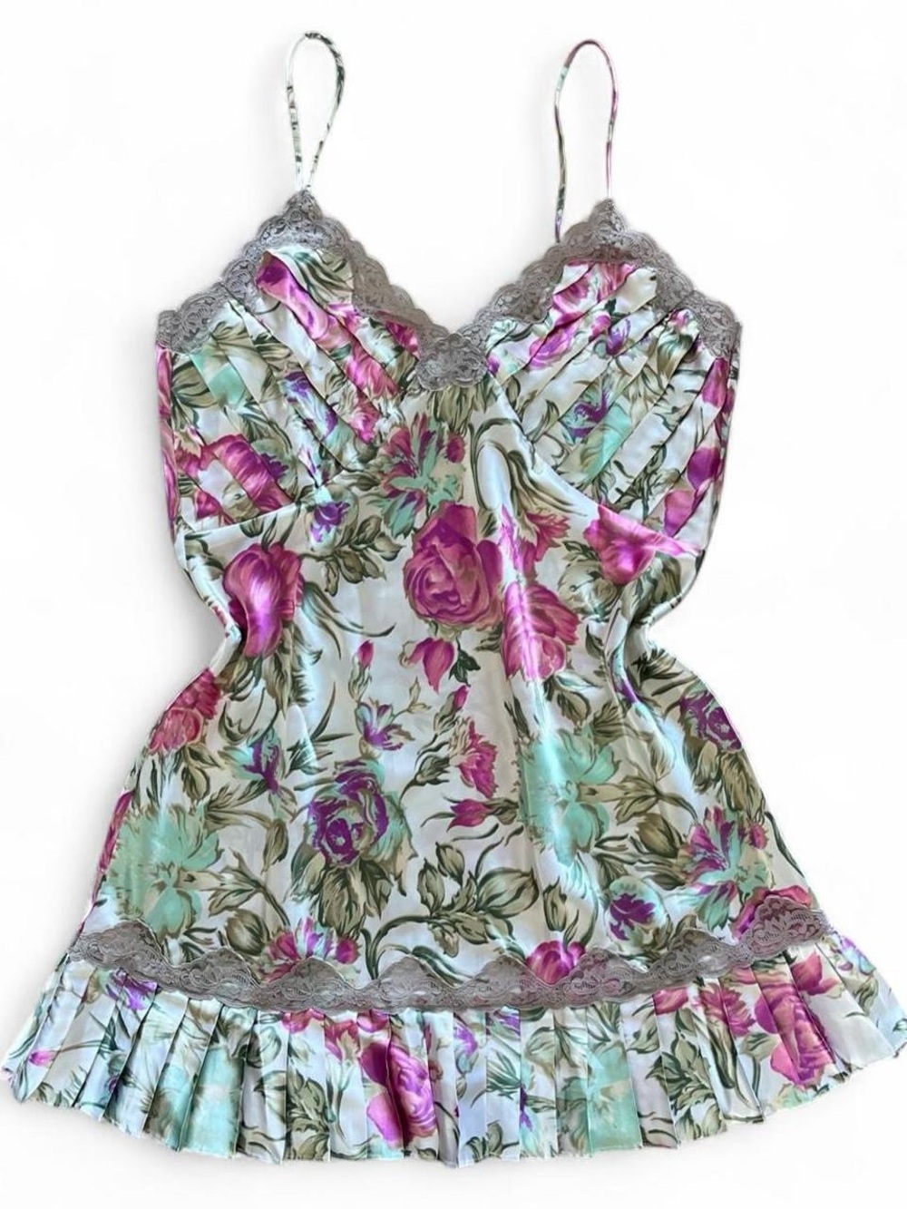 Vintage Victoria’s Secret Gold Label Silky Mulberry Purple & Mint Floral Slip